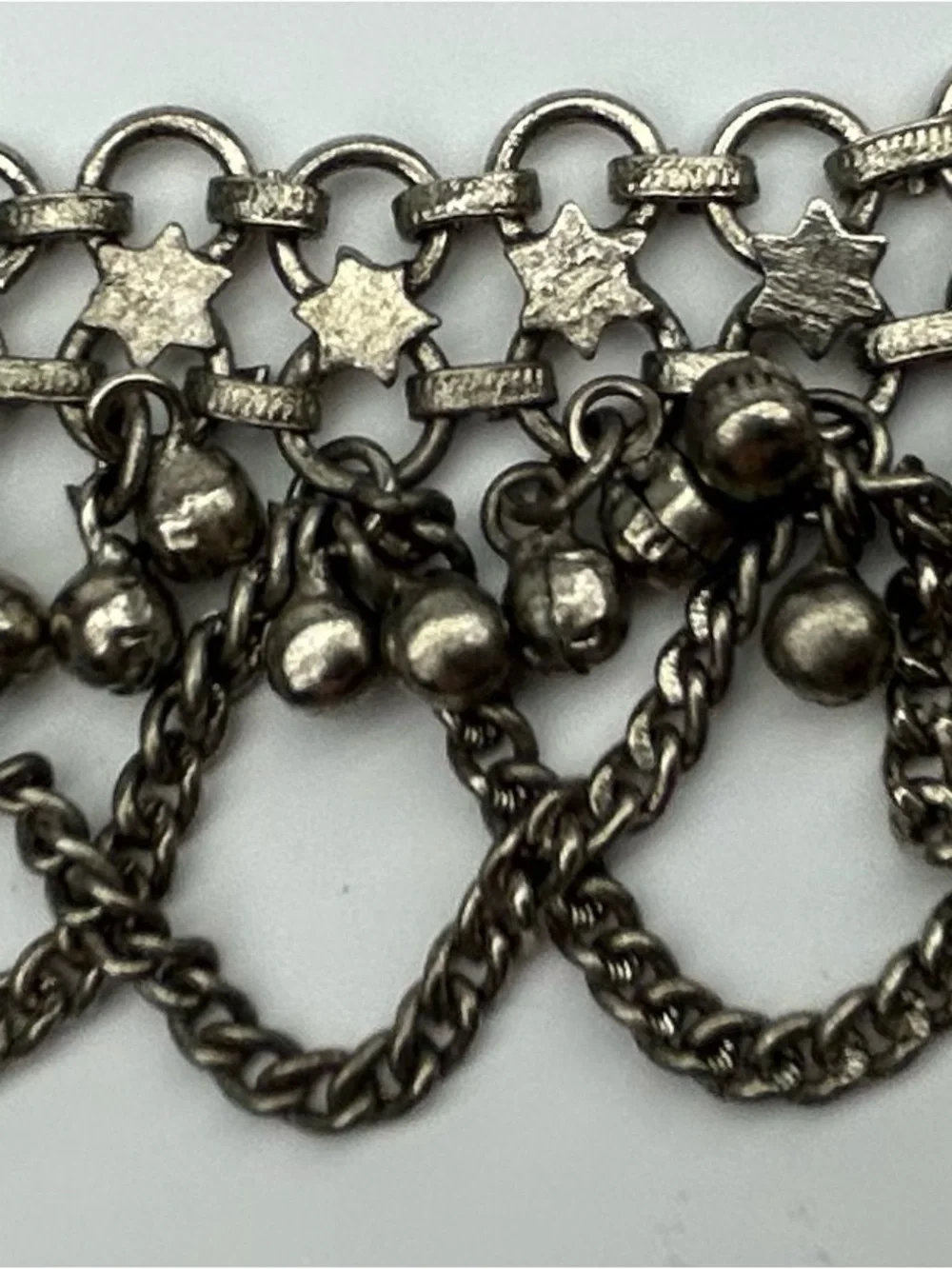 Vintage Silver Metal Body/Belly Dancer Chain adorned with Stars & Bells 37” Long